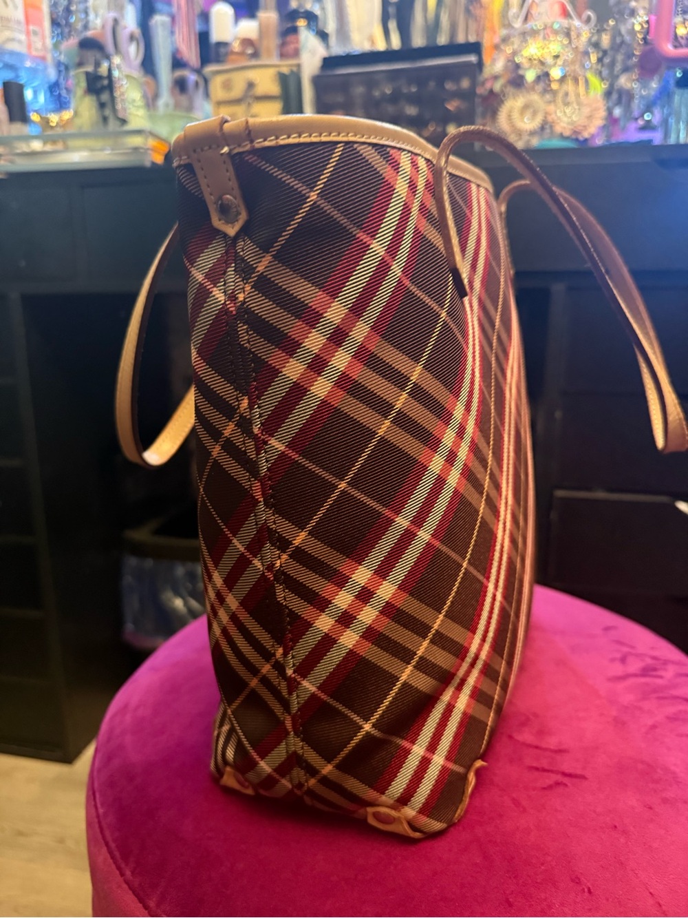 Burberry Brown Plaid Tote with Tan Leather Trim - Picture 2 of 12